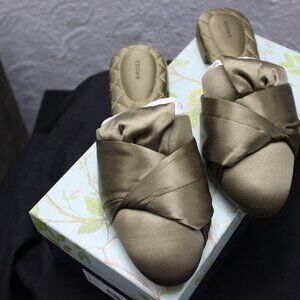 Birdies Slip-on Shoes, The Songbird - Khaki Green Satin - Size 8.5